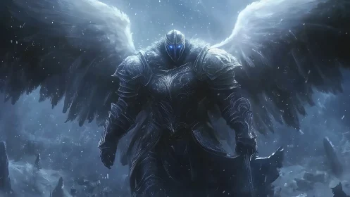 Armored angel warrior dominates stormlit frozen battlefield.