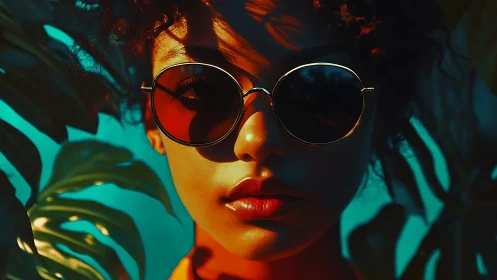 Sun-drenched muse in teal jungle glow and amber shades.