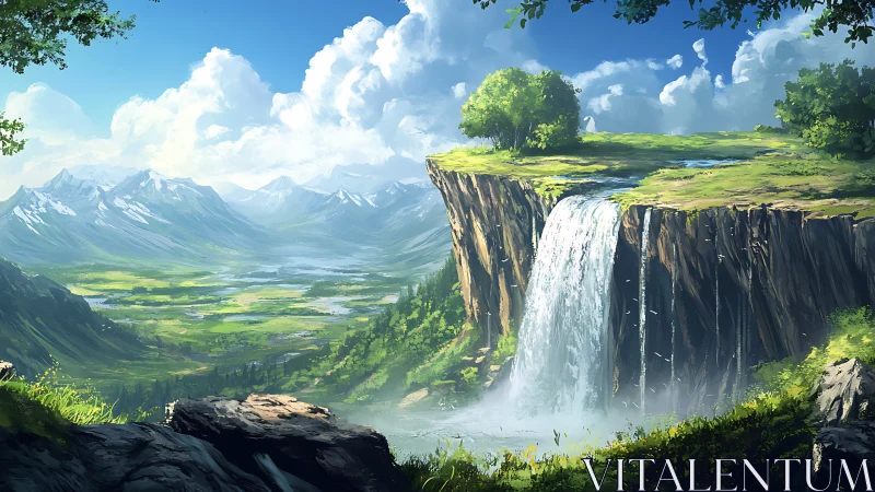 Clifftop waterfall spills into vast sunlit mountain valley.