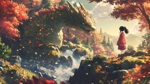 Autumn valley encounter between girl and forest dragon.