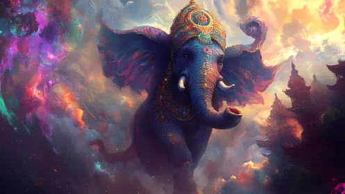 Luminescent celestial elephant in jewel-encrusted regalia ascends.