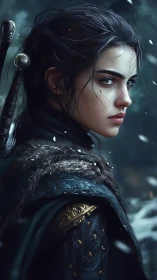 Fierce winter warrior gazing ahead with quiet resolve.