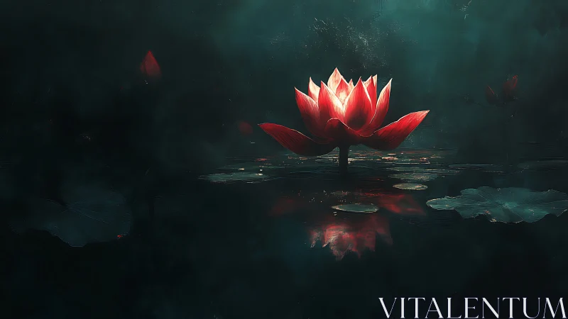Luminous red lotus rises from dark reflective pond at night