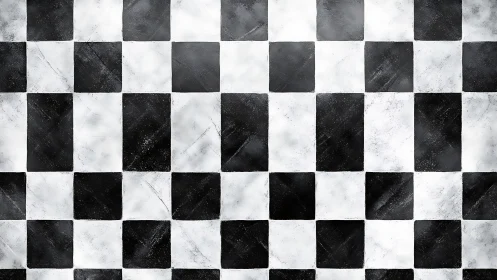 Textured black white checkerboard tiling with surface wear.