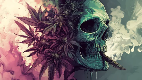 Smoky skull blooms through neon cannabis twilight haze.