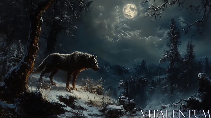 Lone wolf wandering softly beneath a glowing winter moon.
