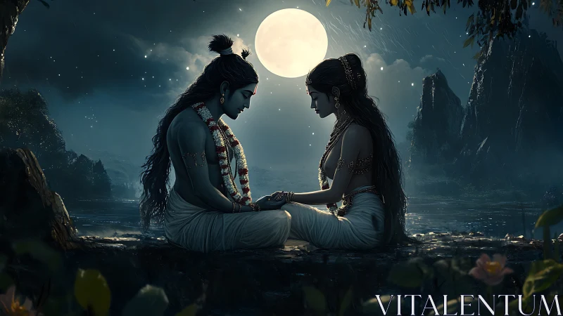 Digital depiction of two figures seated by a moonlit lake.