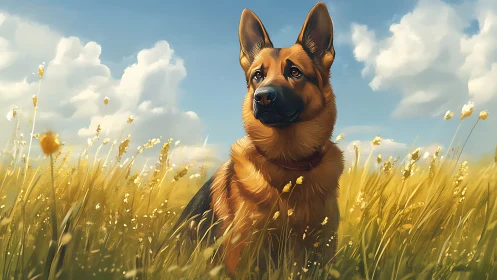 German shepherd rendered in sunlit meadow environment