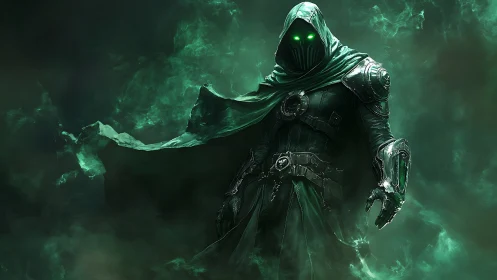 Hooded spectral warrior emerges from swirling emerald mist