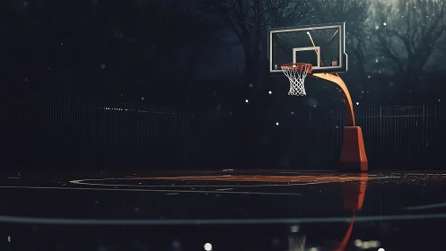 Quiet night court where a lone hoop waits for one last shot.