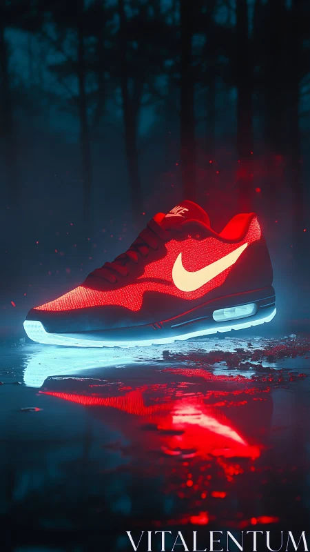 Luminous red running shoe with glowing sole in misty forest