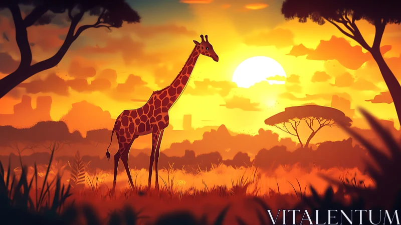 Giraffe stands in stylized savannah landscape at sunset