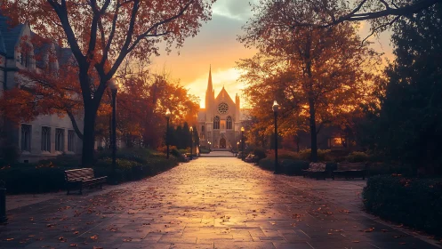 Sunset illuminates a tranquil cathedral walkway in autumn