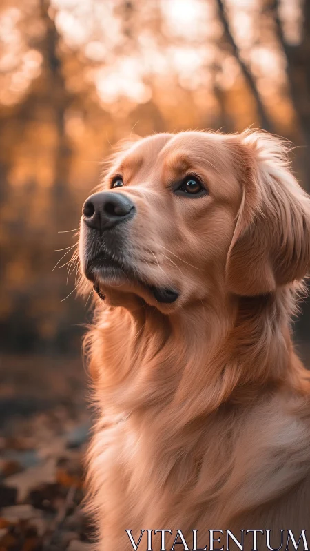 Golden retriever portrait in warm autumn forest light.