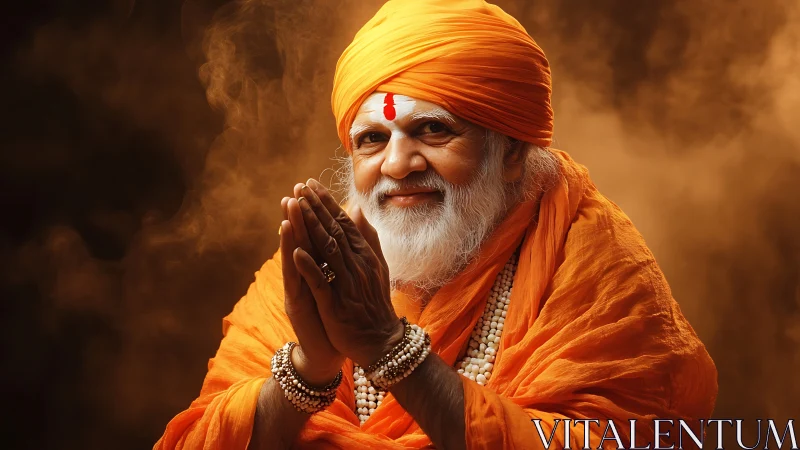 Photorealistic portrait of elderly guru in saffron drapery.