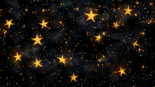 Starlit evergreen night with cozy festive golden glow.