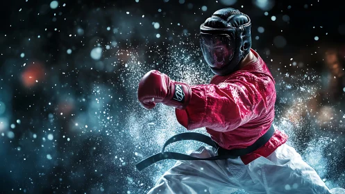 Karate fighter drives explosive punch through frozen particles