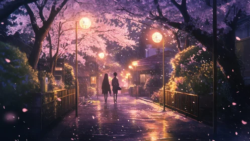 Gentle evening walk under rainy cherry blossom lanterns.