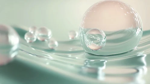 Glasslike bubbles drift across soft mint liquid surface.
