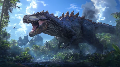 Thunder-jawed jungle titan storms through primeval mist.