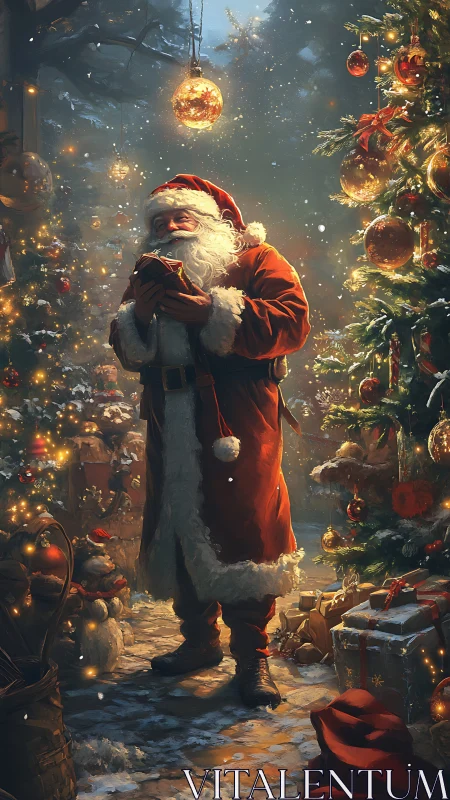 Santa in golden snowfall beside illuminated fir tree.