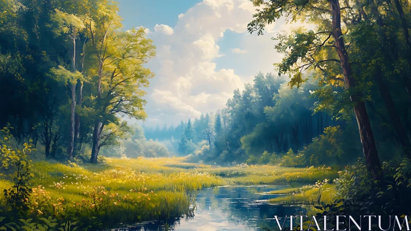 River Valley Landscape with Sunlit Forest Canopy and Meadow.
