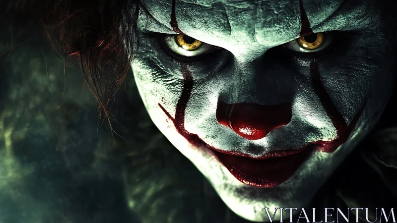 Sinister clown close-up with glowing predatory eyes.