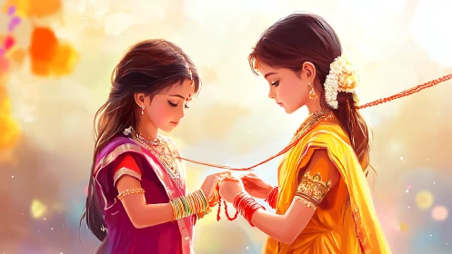 Two young girls in traditional Indian attire, digital art style.