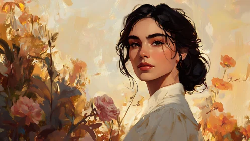 Elegant woman gazes through sunlit florals in warm serenity