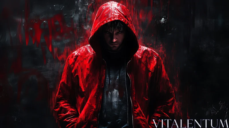 Hooded figure in red jacket rendered with high contrast chiaroscuro lighting