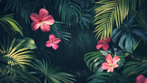 Tropical Pink Flowers Among Dark Palm Foliage