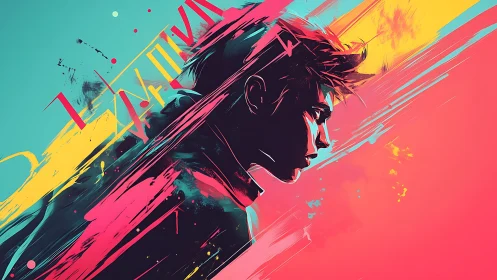 Neon portrait of young man with bold abstract color streaks