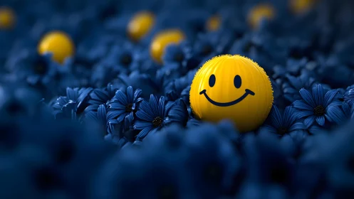 Bright yellow smiley ball among deep blue flowers, digital art.