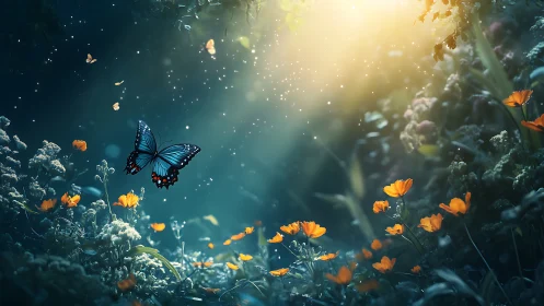 Bioluminescent butterfly hovers above glowing wildflower meadow