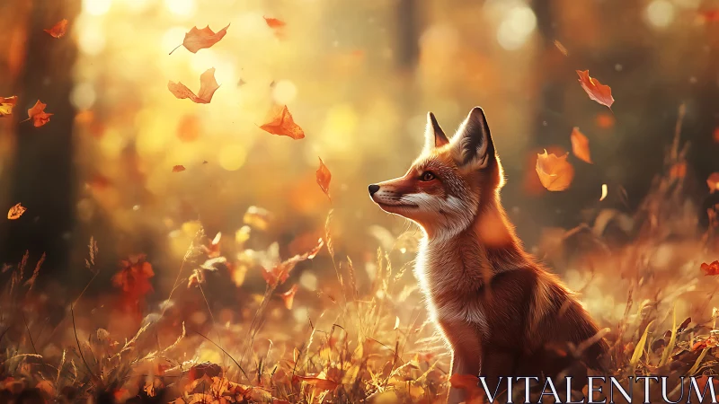 Autumn fox under volumetric backlight in leaf turbulence field.