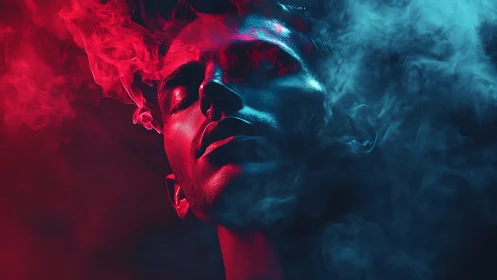 Moody portrait glows in red and blue smoke filled neon calm