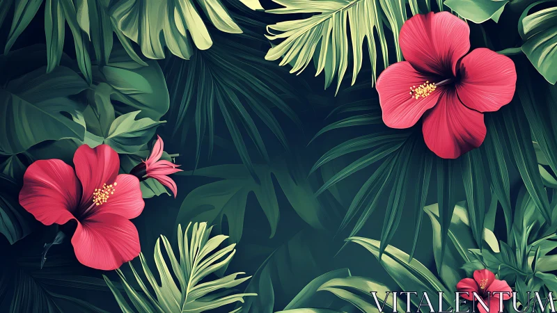 Vibrant Tropical Red Hibiscus Blooms in Lush Green Foliage
