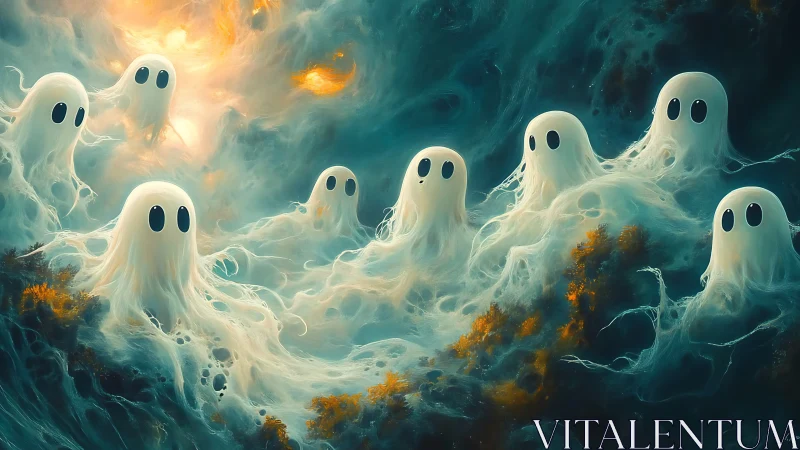 Spectral ghost figures drift through luminous ethereal nebula