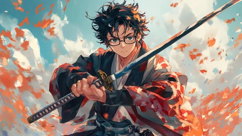 Anime swordsman in patterned kimono amid swirling petals.