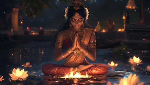 Woman in traditional dress meditating on water at night.