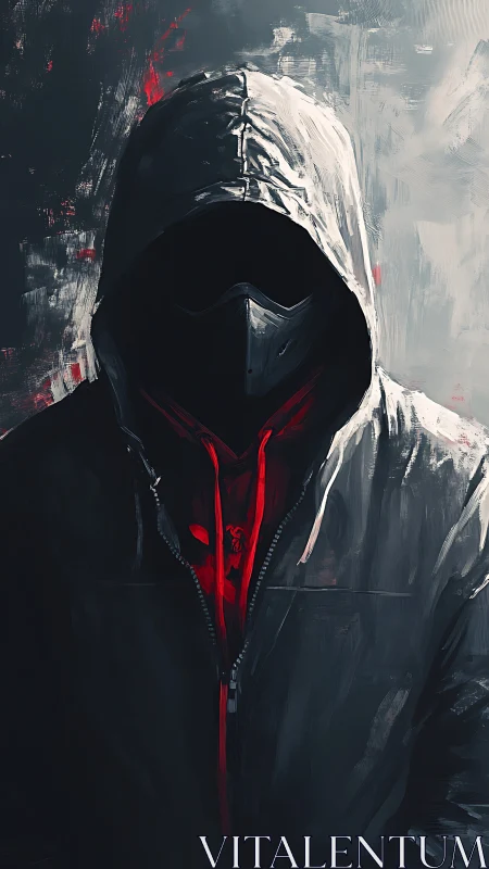 Hooded cyber vigilante stands cloaked in shadow and red light.