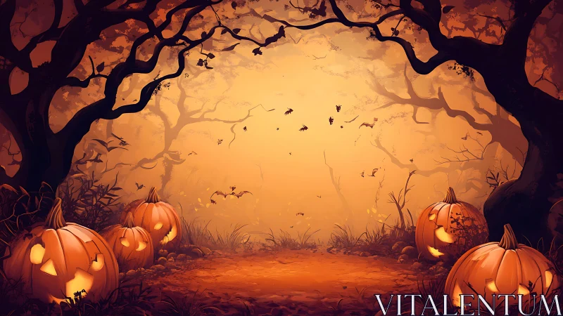 Halloween pumpkin path under twisted forest canopy at dusk