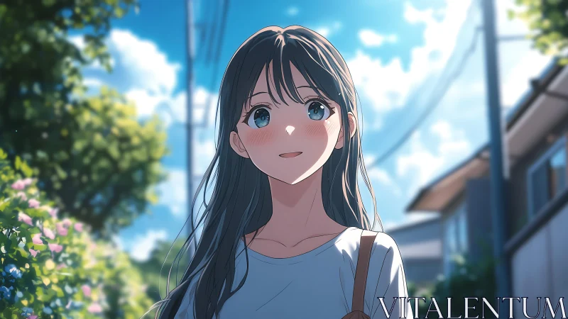 Anime street portrait under summer backlight, soft focus rendering.