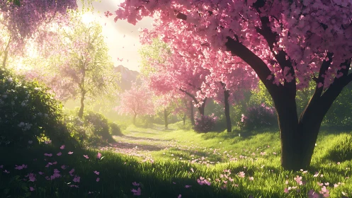 Sunlit cherry blossom path inviting gentle spring wanderings.