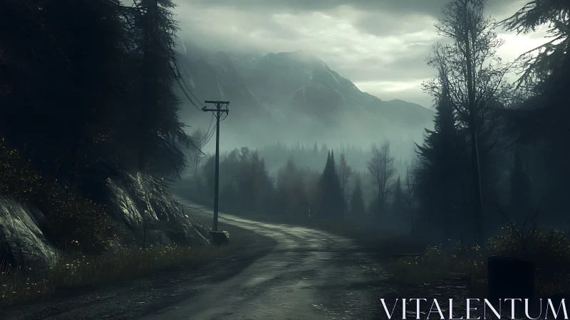 Foggy forest road beneath overcast mountain sky at dawn.