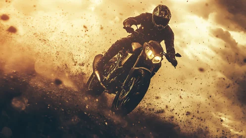 High-speed motorcycle drift in cinematic dust-lit turbulence.
