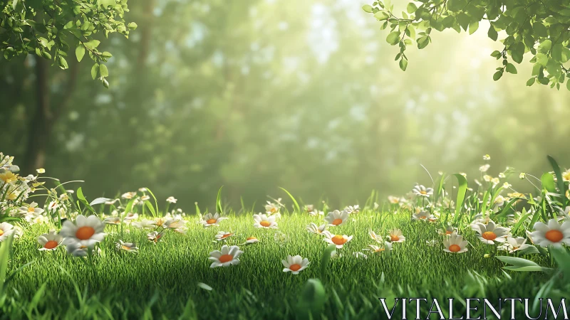 Sunlit meadow depth with daisies under soft volumetric backlight