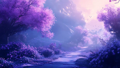 Lavender trees whisper along a misty dreamlit path