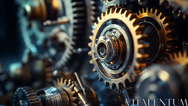 Interlocking brass gears rotate within precision mechanical system