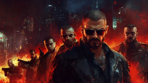 Fierce urban crew under blazing neon city firelight.